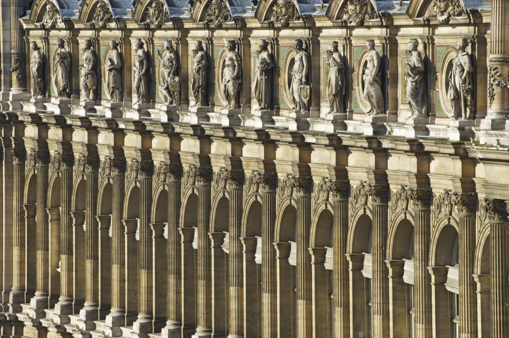 Ornate facade of a building with columns and statues of men in a row Paris France Canvas Art - Ingrid Rasmussen Design Pics (19 x 12)