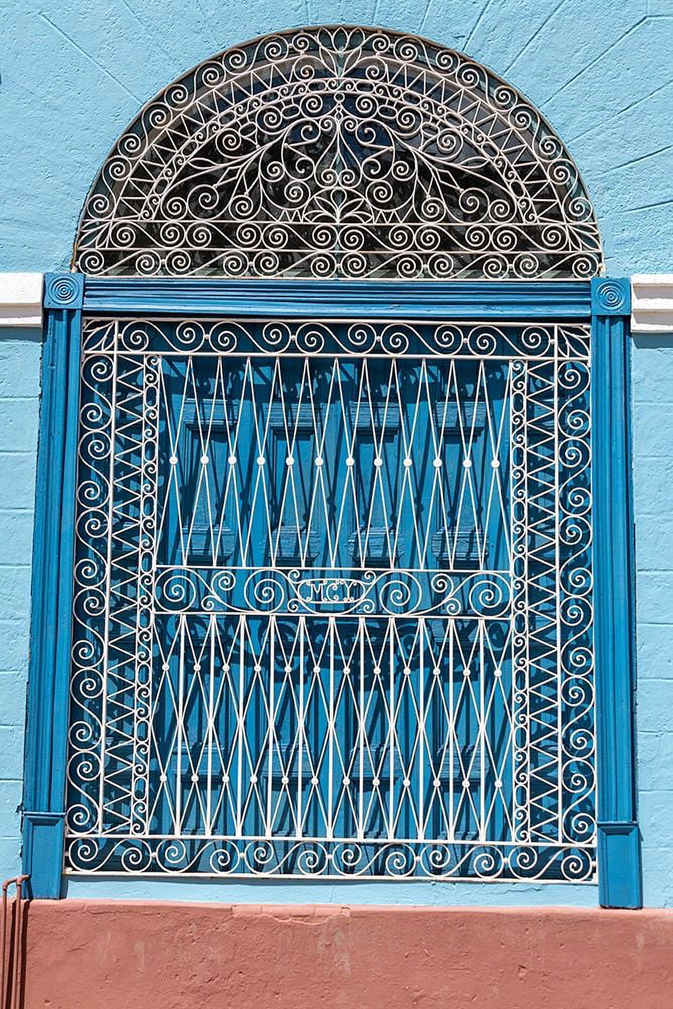 Ornate wrought iron covering on blue wooden window shuttersTrinidad