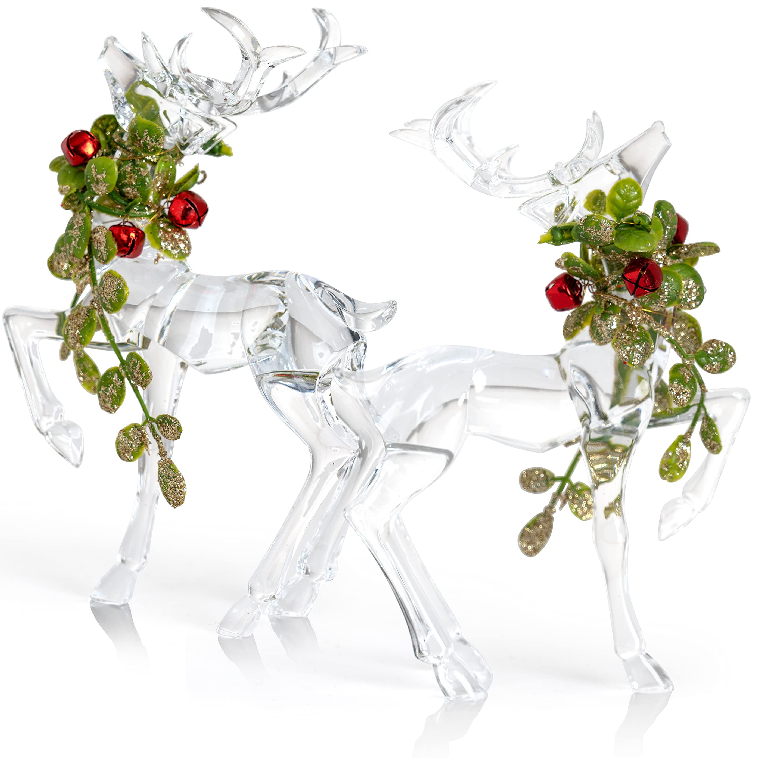 Clear Acrylic Winter Deer Figurines with Mistletoe Accents