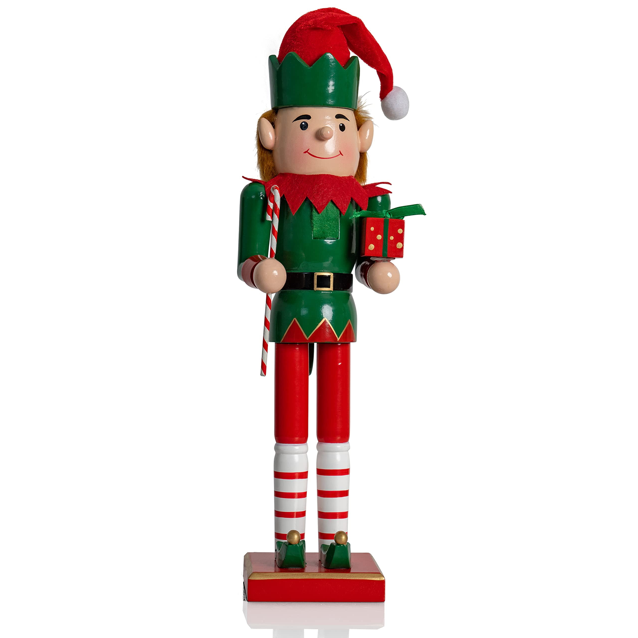 Ornativity Christmas Elf Holiday Nutcracker – Red and Green Wooden Elf with Candy Cane and Gift Box Xmas Themed Holiday Nut Cracker Doll Figure Toy Decorations