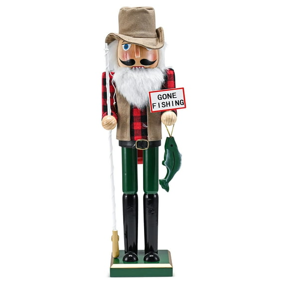 Ornativity Christmas Fisher Man Nutcracker Red and Green Wooden Fisherman Nutcracker Man with Fishing Rod and Fish in Hand Xmas Themed Holiday Nut Cracker Doll Figure Decorations