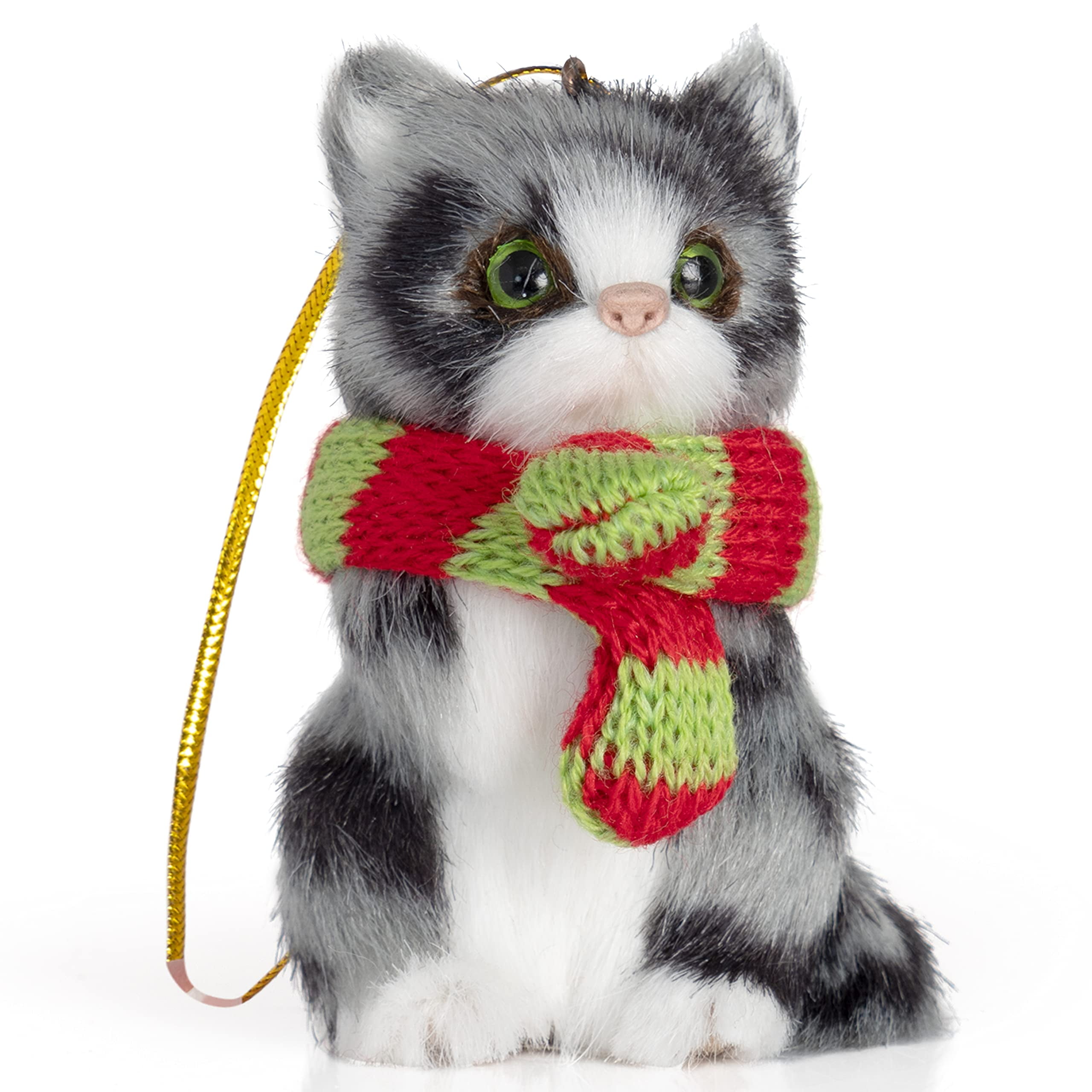 Mini Gray and White Faux Fur Cat Ornament with Scarf