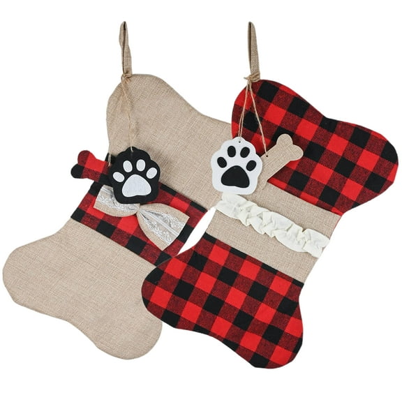Ornativity Christmas Plaid Pet Stocking - Cute Buffalo Plaid Doggy Bone Paw Stockings for Puppy Dog Pets Set - Pack of 2