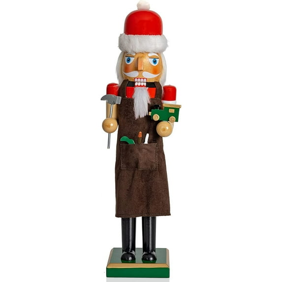 Ornativity Christmas Toy Maker Nutcracker – Red and Green Wooden Nutcracker Man with Brown Workers Apron and Toy Car and Toy Hammer in Hand Xmas Themed Holiday Nut Cracker Doll Figure Decorations