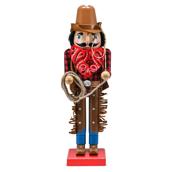 Ornativity Christmas Western Cowboy Nutcracker Brown, Red Wooden Cowboy with Rope, Lasso Xmas Themed