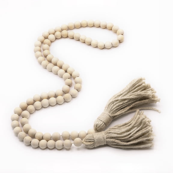 Ornativity Farmhouse Beads Wooden Garland- Wood Prayer Bead Garland with Tassels Boho Rustic Accented Home décor Country style hanging beads 60 inches (Natural Wood)