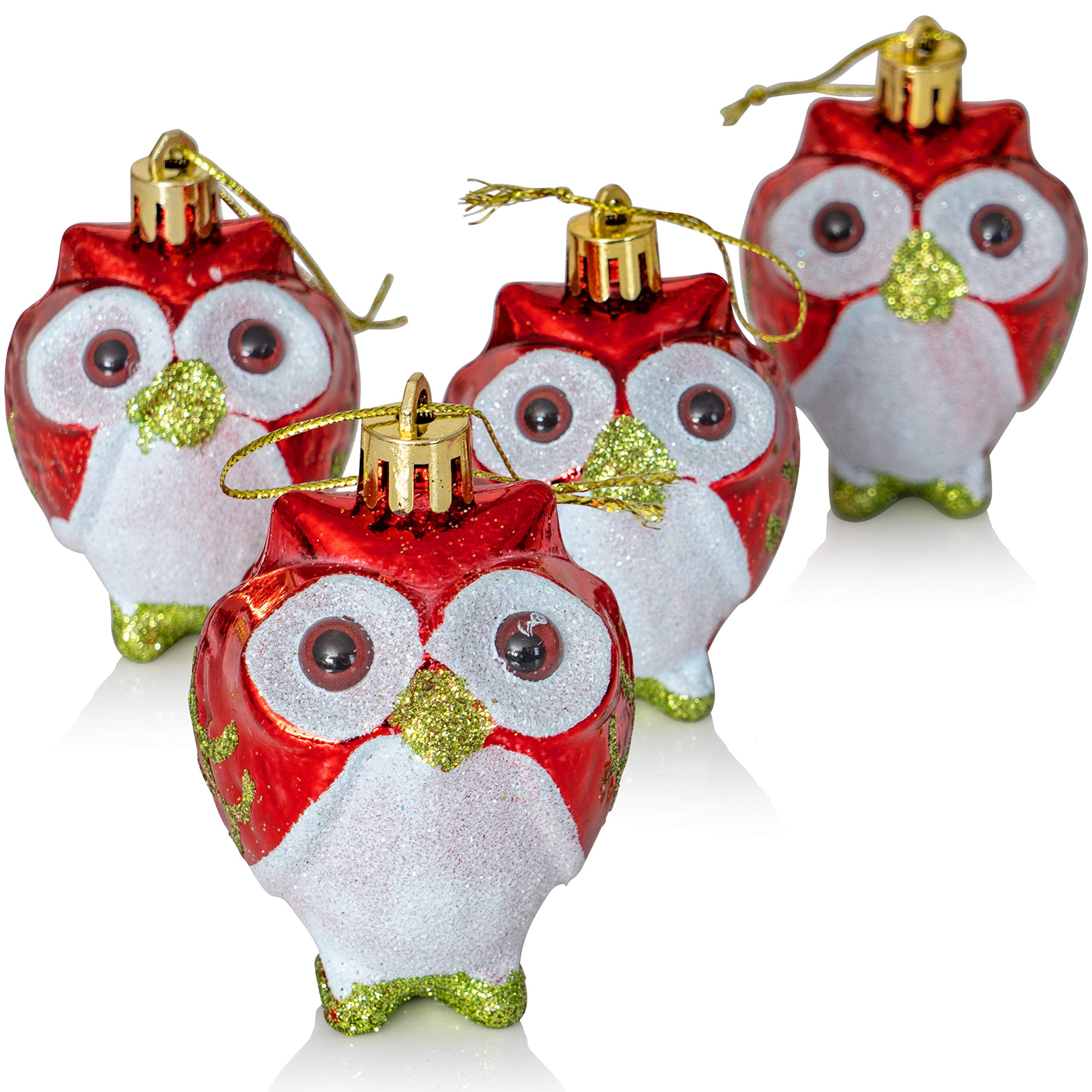 Glittery Red and White Shatterproof Plastic Owl Ornaments Set