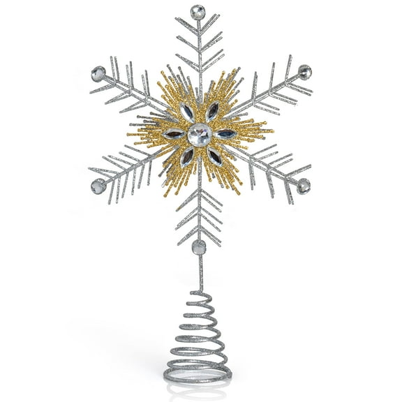Ornativity Glitter Snowflake Tree Topper - Silver and Gold Bare Branches Styled Sparkling Gem Detailed Christmas Star Tree Top Ornament Decorations
