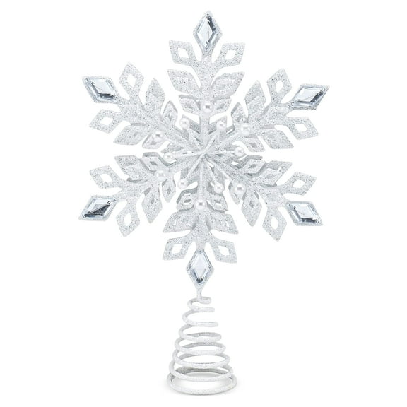 Ornativity Glitter Snowflake Tree Topper - White Sparkling Christmas Tree Decoration with Gem Design