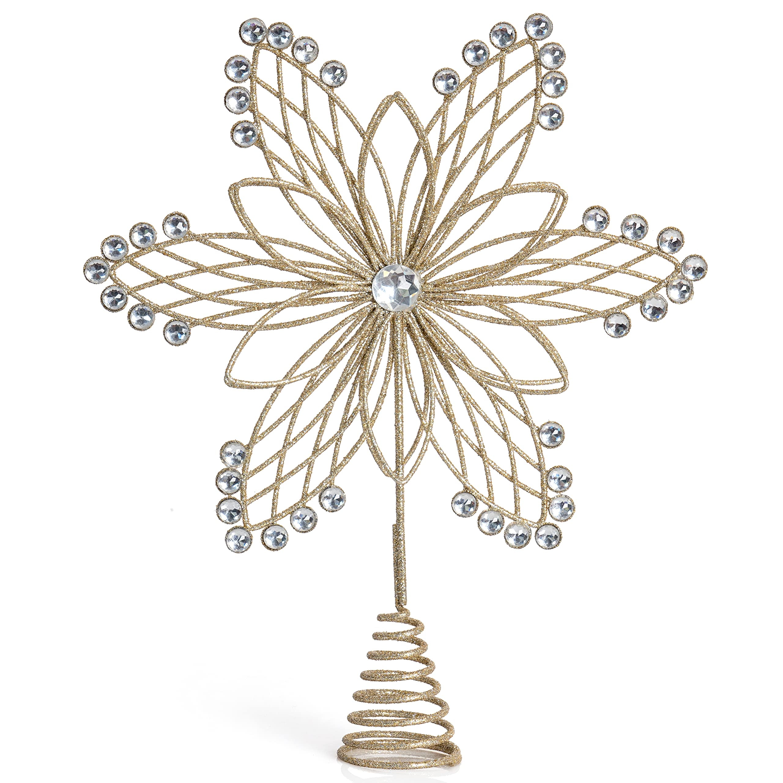 Gold Glitter Metal Flower Tree Topper with Silver Gems