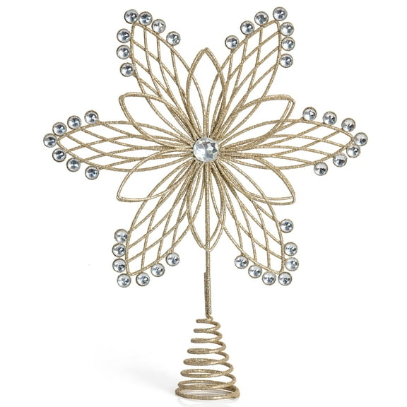 Ornativity Jewel Flower Tree Topper - Gold Glitter Sparkling Metal Wire Star Flower Topper with Sparkly Gem Finish Christmas Tree Top Ornament Decoration