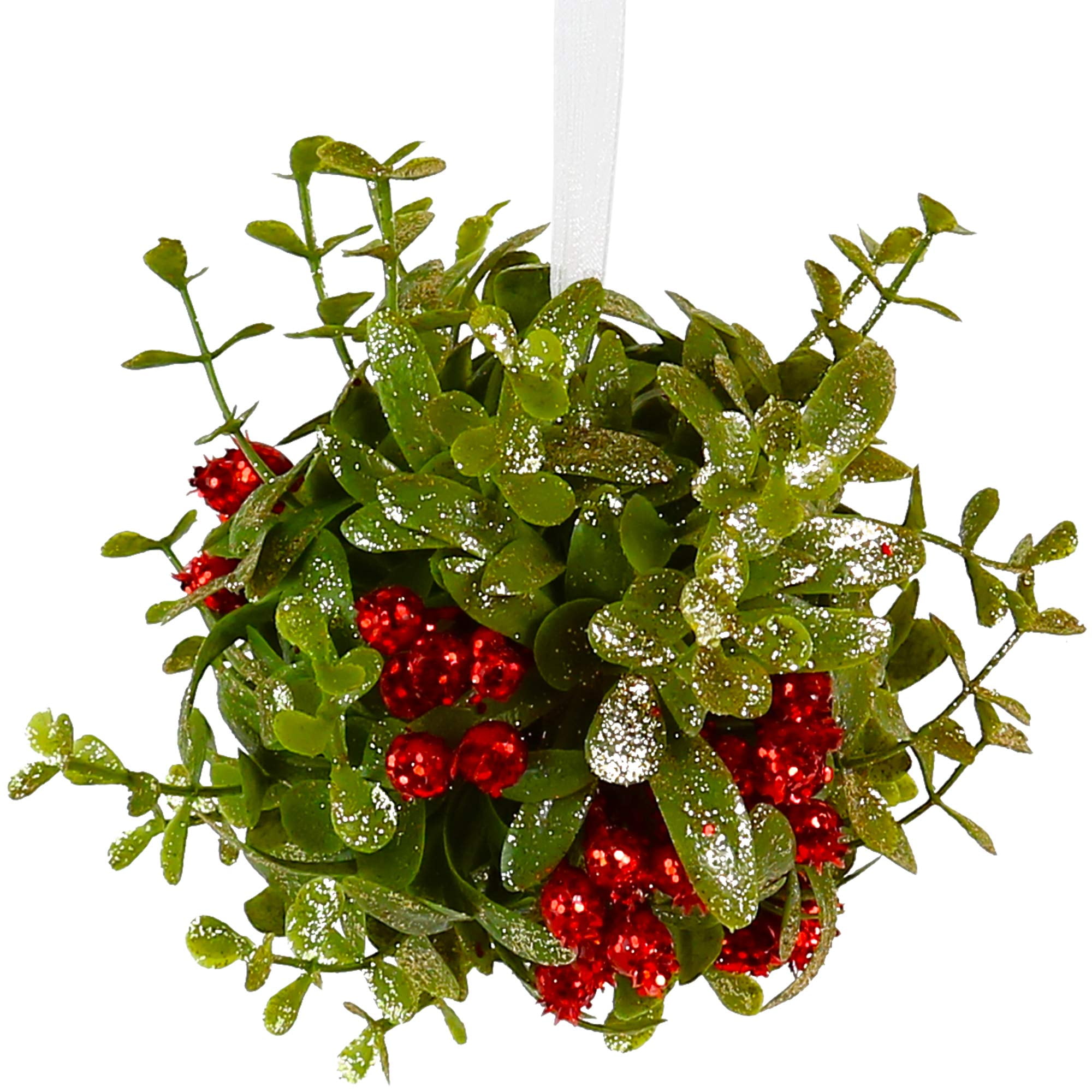 Green and Red Glitter Plastic Mistletoe Hanging Ornament 5"