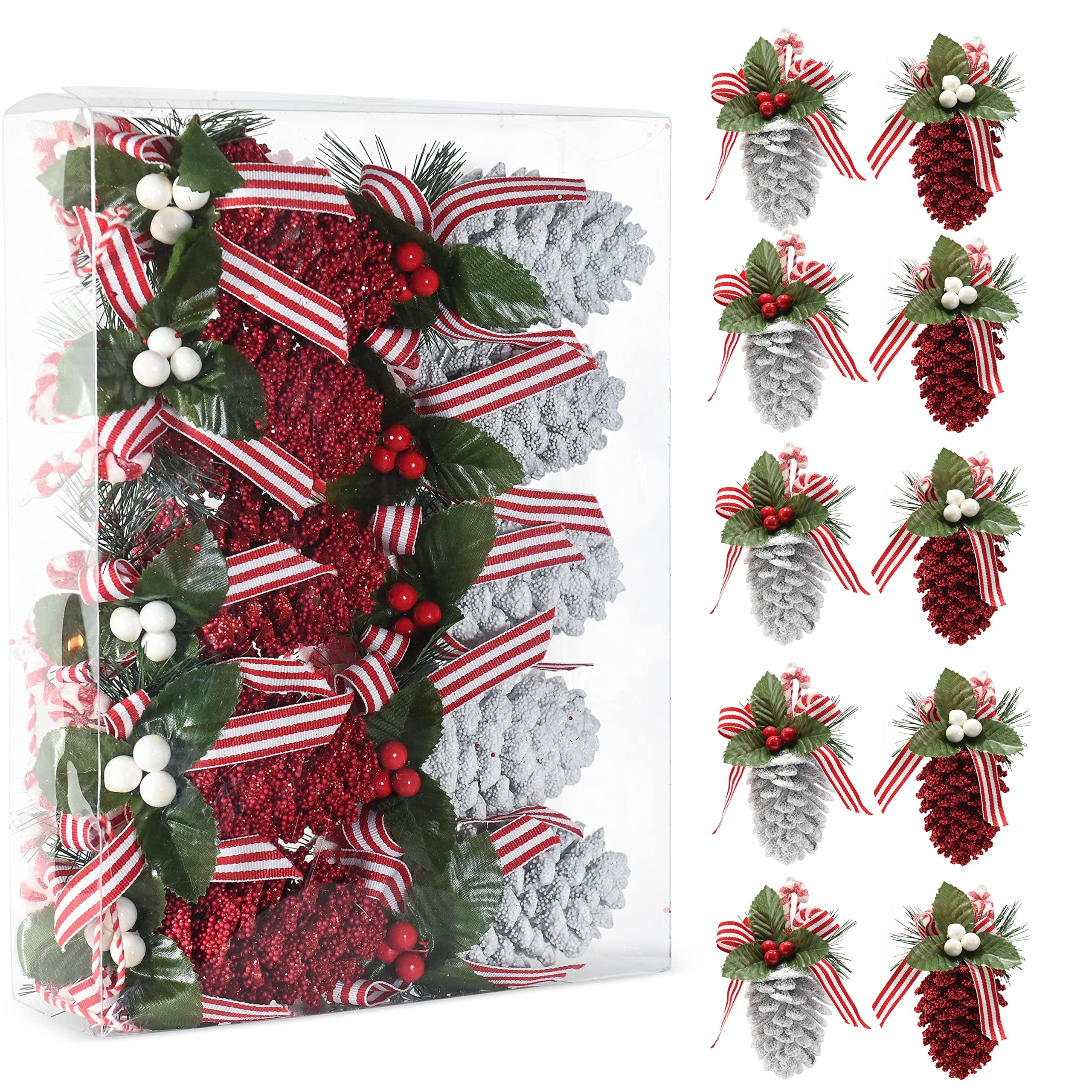 Red and White Glitter Pinecone Ornaments with Holly Leaves - Set of 10