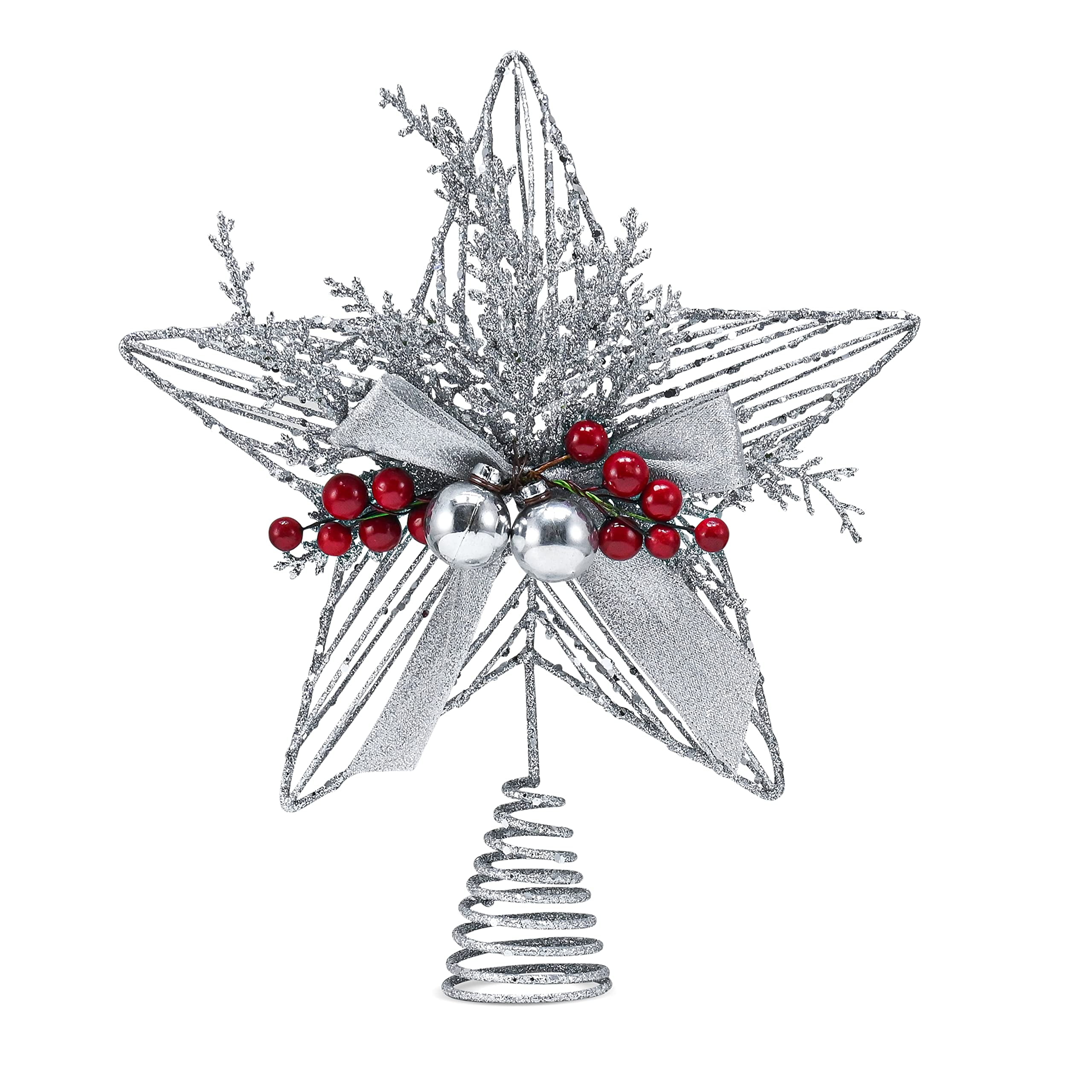 Silver Glitter Metal Star Tree Topper with Red Berries