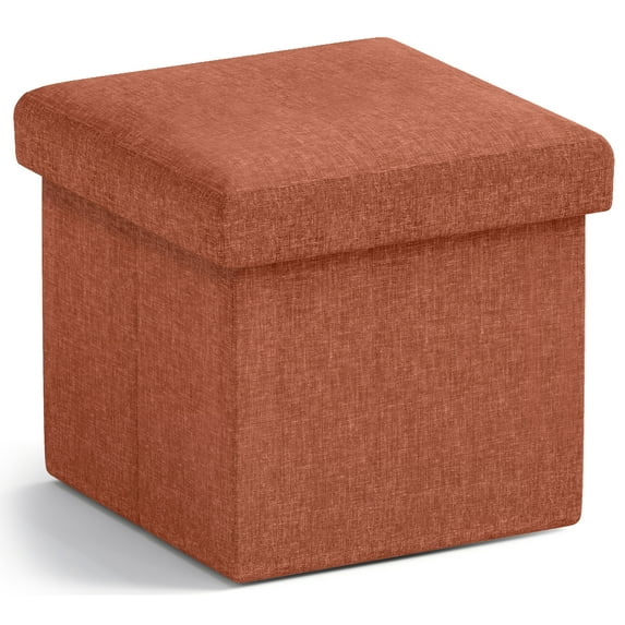 Ornavo Home 1 Pack Small Storage Ottoman Foldable Collapsible Cube Square Linen Ottoman Foot Rest Stool Seat, for Living Room, Bedroom, Home Office, Dorm - 12 x 12 x 12, Rust Brown