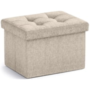 Ornavo Home 1 Pack Small Storage Ottoman Foldable Collapsible Rectangle Linen Ottoman Foot Rest Stool Seat, for Living Room, Bedroom, Home Office, Dorm - 12 x 16 x 12, Linen Beige