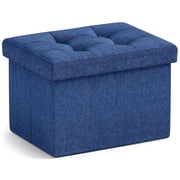 Ornavo Home 1 Pack Small Storage Ottoman Foldable Collapsible Rectangle Linen Ottoman Foot Rest Stool Seat, for Living Room, Bedroom, Home Office, Dorm - 12 x 16 x 12, Linen Navy Blue
