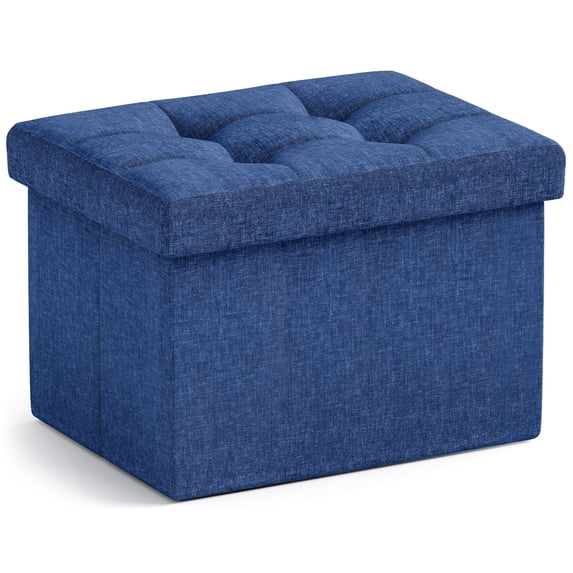 Ornavo Home 1 Pack Small Storage Ottoman Foldable Collapsible Rectangle Linen Ottoman Foot Rest Stool Seat, for Living Room, Bedroom, Home Office, Dorm - 12 x 16 x 12, Linen Navy Blue