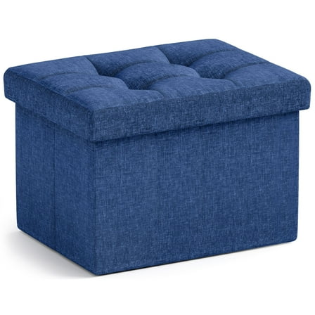 Ornavo Home 1 Pack Small Storage Ottoman Foldable Collapsible Rectangle Linen Ottoman Foot Rest Stool Seat, for Living Room, Bedroom, Home Office, Dorm - 12 x 16 x 12, Linen Navy Blue
