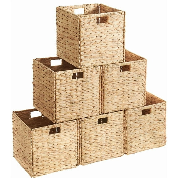 Ornavo Home 10.5 x 10.5 Inch Water Hyacinth Baskets Set of 6 – Handwoven Collapsible Wicker Storage Cube Bins with Handles for Bathroom, Bedroom, Laundry and Pantry - Natural