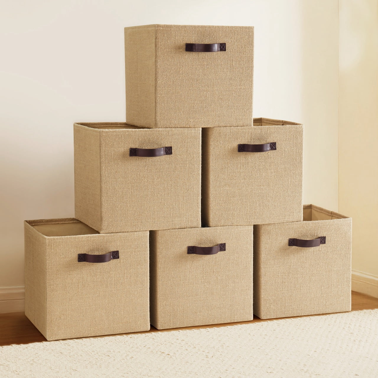 Ornavo Home 10.5 x 10.5 Storage Cube Bins, 6 Pack Jute Baskets, Fabric Storage Bins Shelf Basket Cube Organizer for Closet Foldable Collapsible with Leather Handles