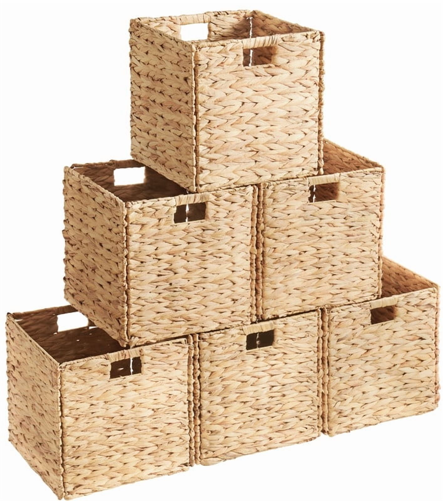 Ornavo Home 13 x 13 Inch Water Hyacinth Baskets Set of 6 – Handwoven Collapsible Wicker Storage Cube Bins with Handles for Bathroom, Bedroom, Laundry and Pantry - Natural