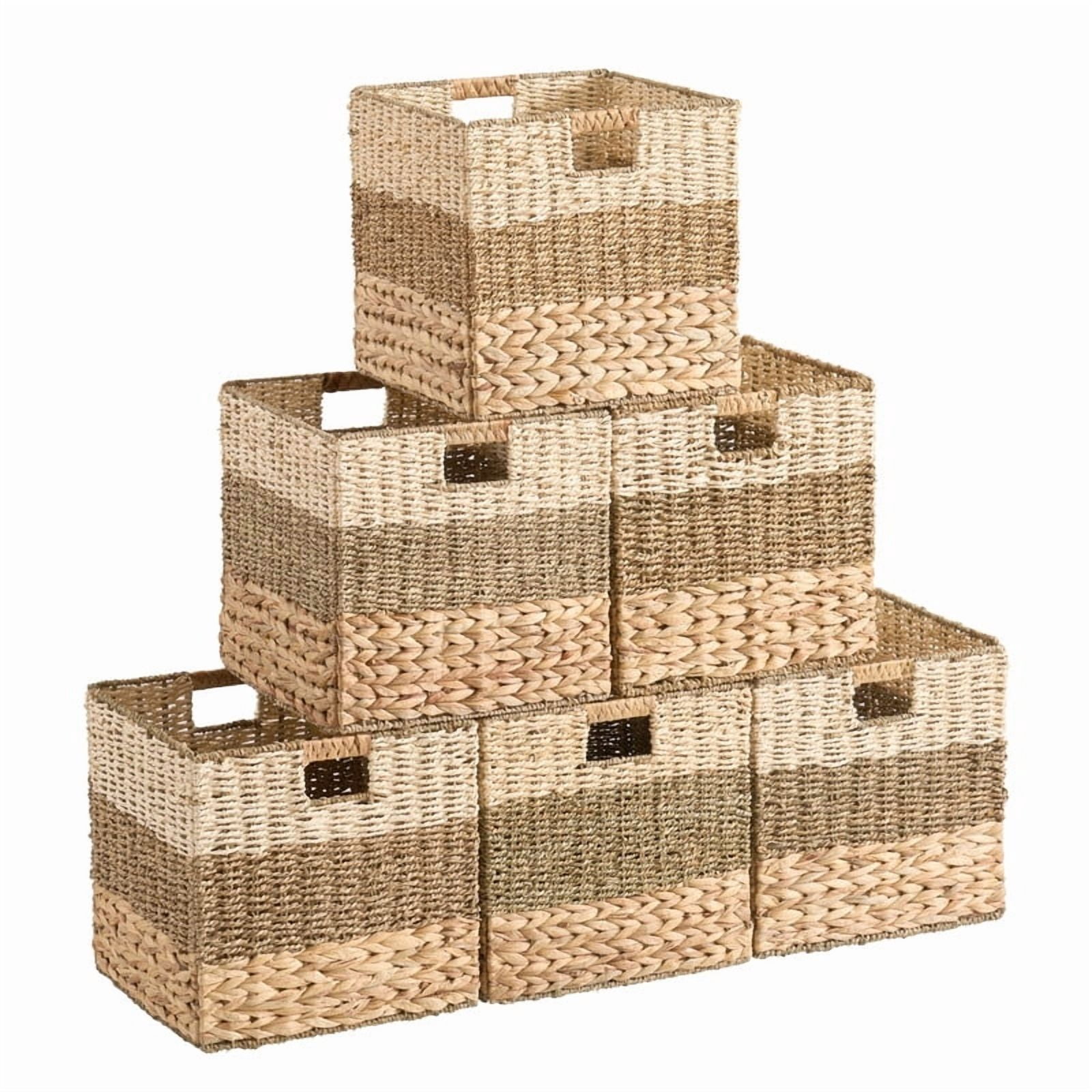 Ornavo Home 13" x 13" Inch Water Hyacinth Storage Basket Set of 6 with Handles | Natural Handwoven Mixed Weave Wicker Organizer Bins for Shelves, Closet, Living Room, Bathroom, Pantry and Laundry