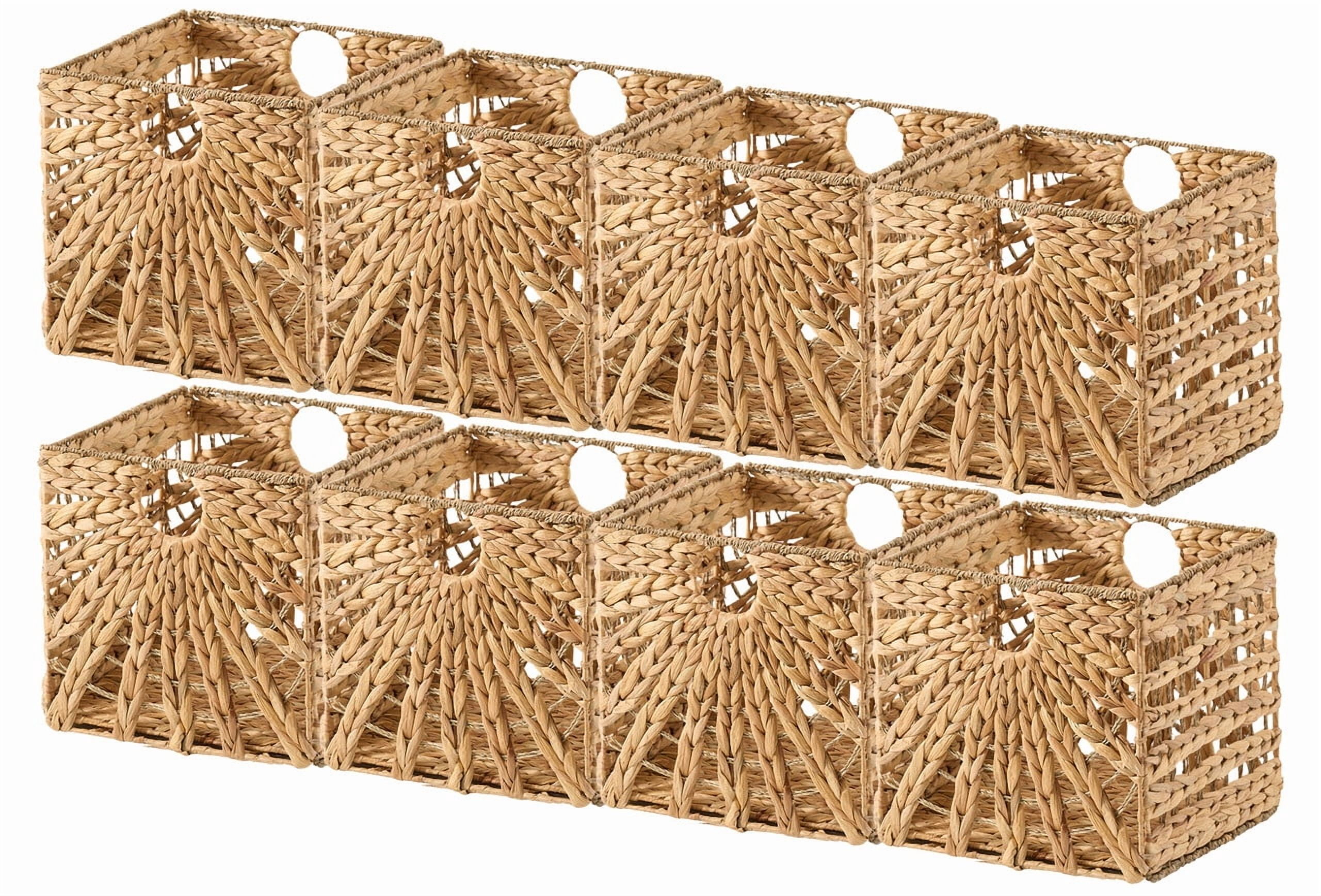Ornavo Home 13 x 13 Inches Water Hyacinth Seagrass Storage Basket Set of 8 | Natural Handwoven Cube Organizer Bins with Handles for Shelves, Closets, Living Room, Bedroom, Pantry and Laundry