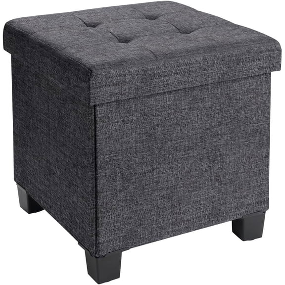 Ornavo Home 15 Inch Folding Storage Ottoman with Storage, Square Cube Linen Small Storage Ottoman Foot Rest Stool with Legs - Dark Gray