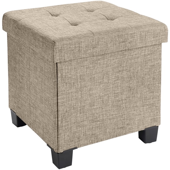 Ornavo Home 15 Inch Folding Storage Ottoman with Storage, Square Cube Linen Small Storage Ottoman Foot Rest Stool with Legs