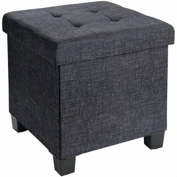 Ornavo Home 15 Inch Folding Storage Ottoman with Storage, Square Cube Linen Small Storage Ottoman Foot Rest Stool with Legs