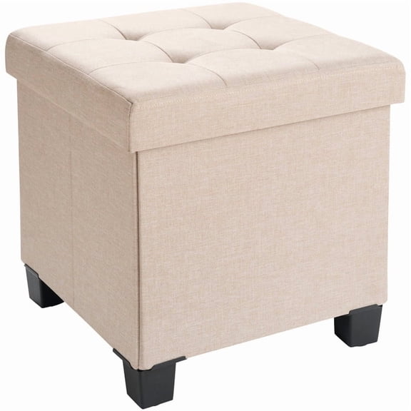 Ornavo Home 15 Inch Folding Storage Ottoman with Storage, Square Cube Linen Small Storage Ottoman Foot Rest Stool with Legs