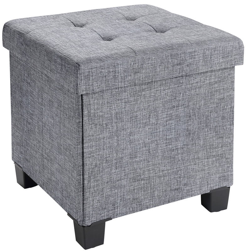 Ornavo Home 15 Inch Folding Storage Ottoman with Storage, Square Cube Linen Small Storage Ottoman Foot Rest Stool with Legs