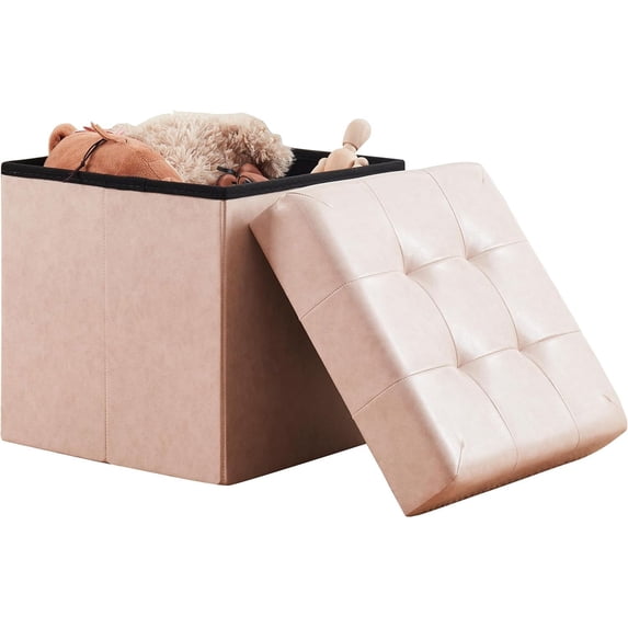Ornavo Home 15 Inch Square Storage Ottoman Cube, Tufted Square Faux Leather Storage Ottoman Chest, Footrest, Toy Chest Ottoman with Storage - (Cream)