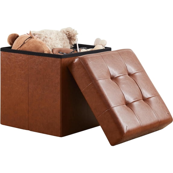 Ornavo Home 15 Inch Square Storage Ottoman Cube, Tufted Square Faux Leather Storage Ottoman Chest, Footrest, Toy Chest Ottoman with Storage - (Mocha)