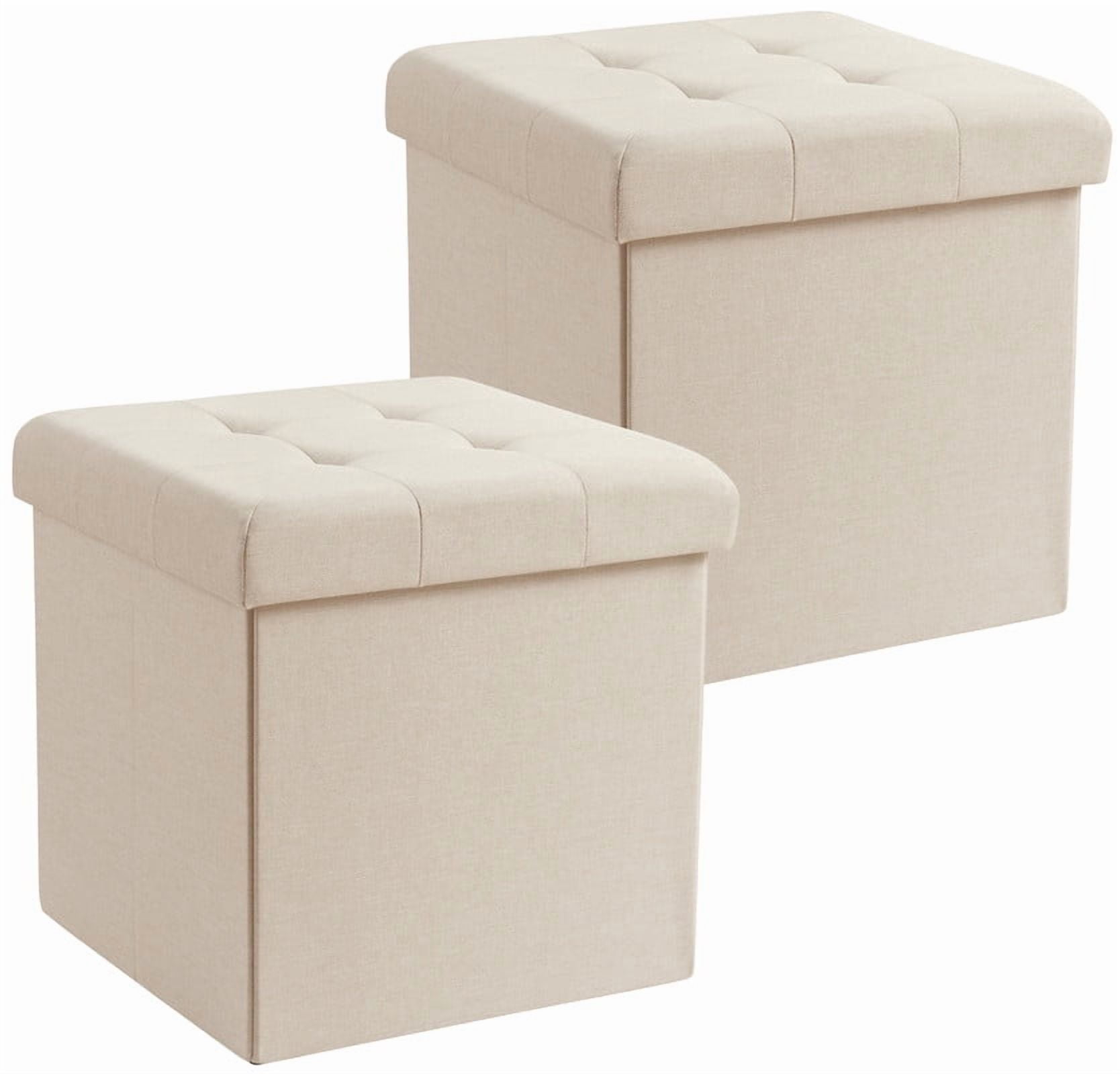 Ornavo Home 2 Pack 15 Inch Folding Storage Ottoman with Storage, Square Cube Linen Small Storage Ottoman Foot Rest Stool - Beige