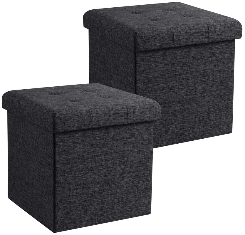 Ornavo Home 2 Pack 15 Inch Folding Storage Ottoman with Storage, Square Cube Linen Small Storage Ottoman Foot Rest Stool - Black