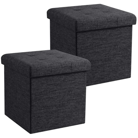 Ornavo Home 2 Pack 15 Inch Folding Storage Ottoman with Storage, Square Cube Linen Small Storage Ottoman Foot Rest Stool - Black