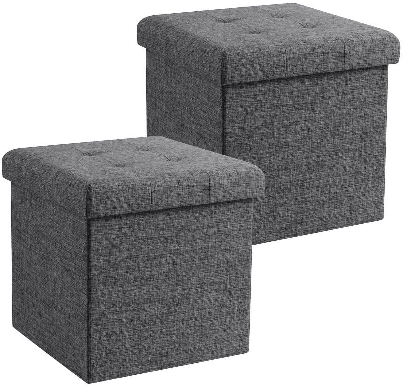 Ornavo Home 2 Pack 15 Inch Folding Storage Ottoman with Storage, Square Cube Linen Small Storage Ottoman Foot Rest Stool - Dark Gray