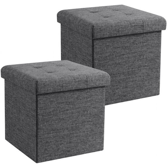 Ornavo Home 2 Pack 15 Inch Folding Storage Ottoman with Storage, Square Cube Linen Small Storage Ottoman Foot Rest Stool - Dark Gray