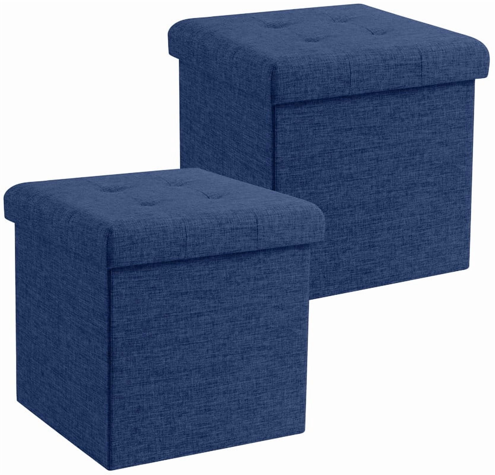 Ornavo Home 2 Pack 15 Inch Folding Storage Ottoman with Storage, Square Cube Linen Small Storage Ottoman Foot Rest Stool - Navy Blue