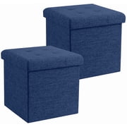 Ornavo Home 2 Pack 15 Inch Folding Storage Ottoman with Storage, Square Cube Linen Small Storage Ottoman Foot Rest Stool - Navy Blue