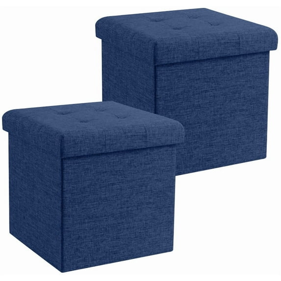 Ornavo Home 2 Pack 15 Inch Folding Storage Ottoman with Storage, Square Cube Linen Small Storage Ottoman Foot Rest Stool - Navy Blue