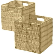 Ornavo Home 2 Pack Paper Wicker Storage Basket Cube Bin, Foldable Hand Woven Shelf Storage Bin Basket with Handles for Organizing, Natural Brown