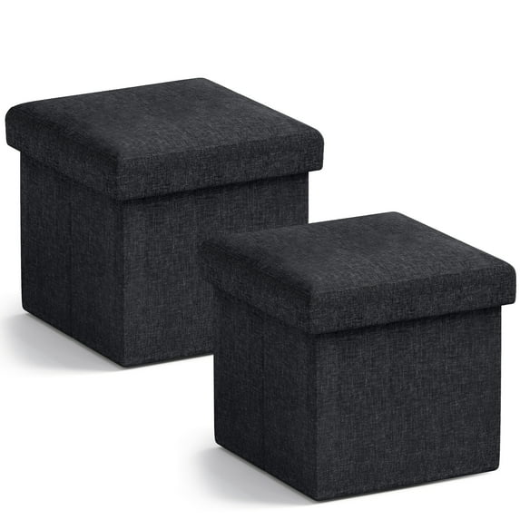 Ornavo Home 2 Pack Small Storage Ottoman Foldable Collapsible Cube Square Linen Ottoman Foot Rest Stool Seat, for Living Room, Bedroom, Home Office, Dorm - 12 x 12 x 12, Black