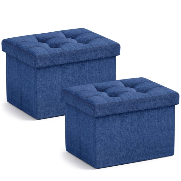 Ornavo Home 2 Pack Small Storage Ottoman Foldable Collapsible Rectangle Linen Ottoman Foot Rest Stool Seat, for Living Room, Bedroom, Home Office, Dorm - 12 x 16 x 12, Linen Navy Blue