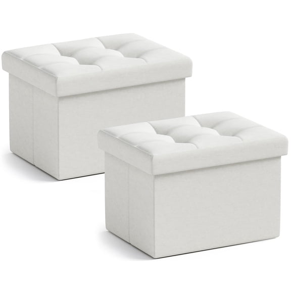 Ornavo Home 2 Pack Small Storage Ottoman Foldable Collapsible Rectangle Linen Ottoman Foot Rest Stool Seat, for Living Room, Bedroom, Home Office, Dorm - 12 x 16 x 12, Linen White
