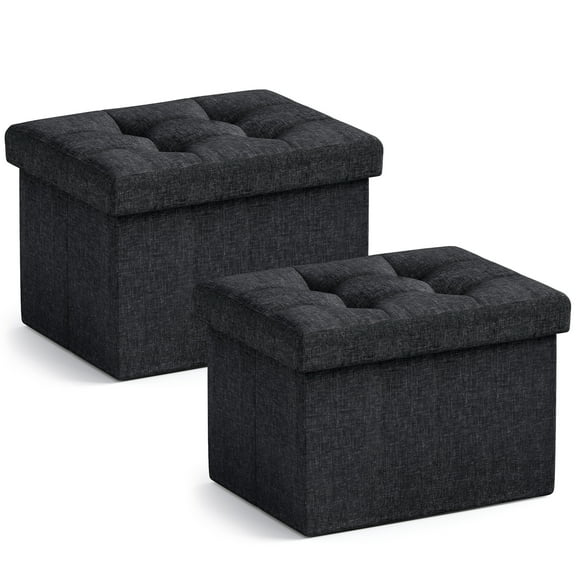 Ornavo Home 2 Pack Small Storage Ottoman Foldable Collapsible Rectangle Linen Ottoman Foot Rest Stool Seat, for Living Room, Bedroom, Home Office, Dorm - 12 x 16 x 12, Linen Black