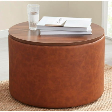 Ornavo Home 22 inch Large Round Ottoman Coffee Table Storage Ottoman with Wooden Lift Off Lid, Ottoman with Storage for Living Room, Bedroom and Office, Faux Leather Cognac
