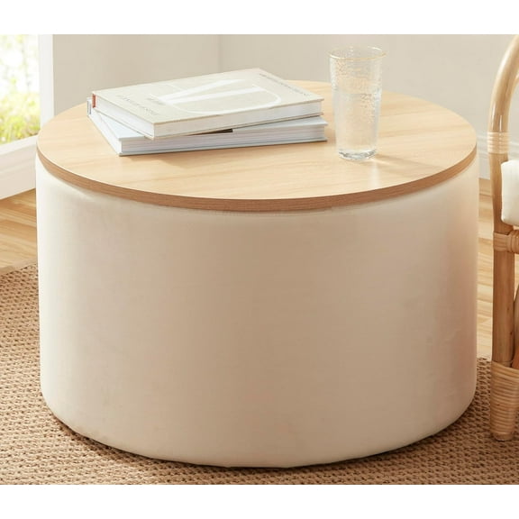 Ornavo Home 22 inch Large Round Ottoman Coffee Table Storage Ottoman with Wooden Lift Off Lid, Ottoman with Storage for Living Room, Bedroom and Office, Velvet Cream
